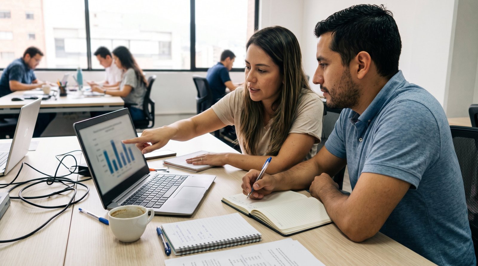 Consultora mostrando un gráfico de resultados a un cliente en su computador