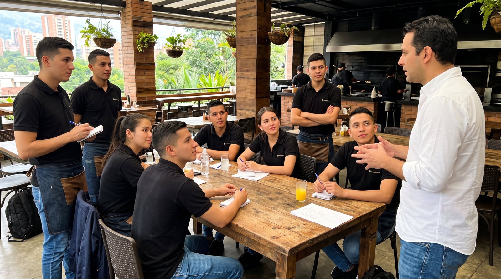 Entrenamiento de servicio al cliente con el equipo de un restaurante