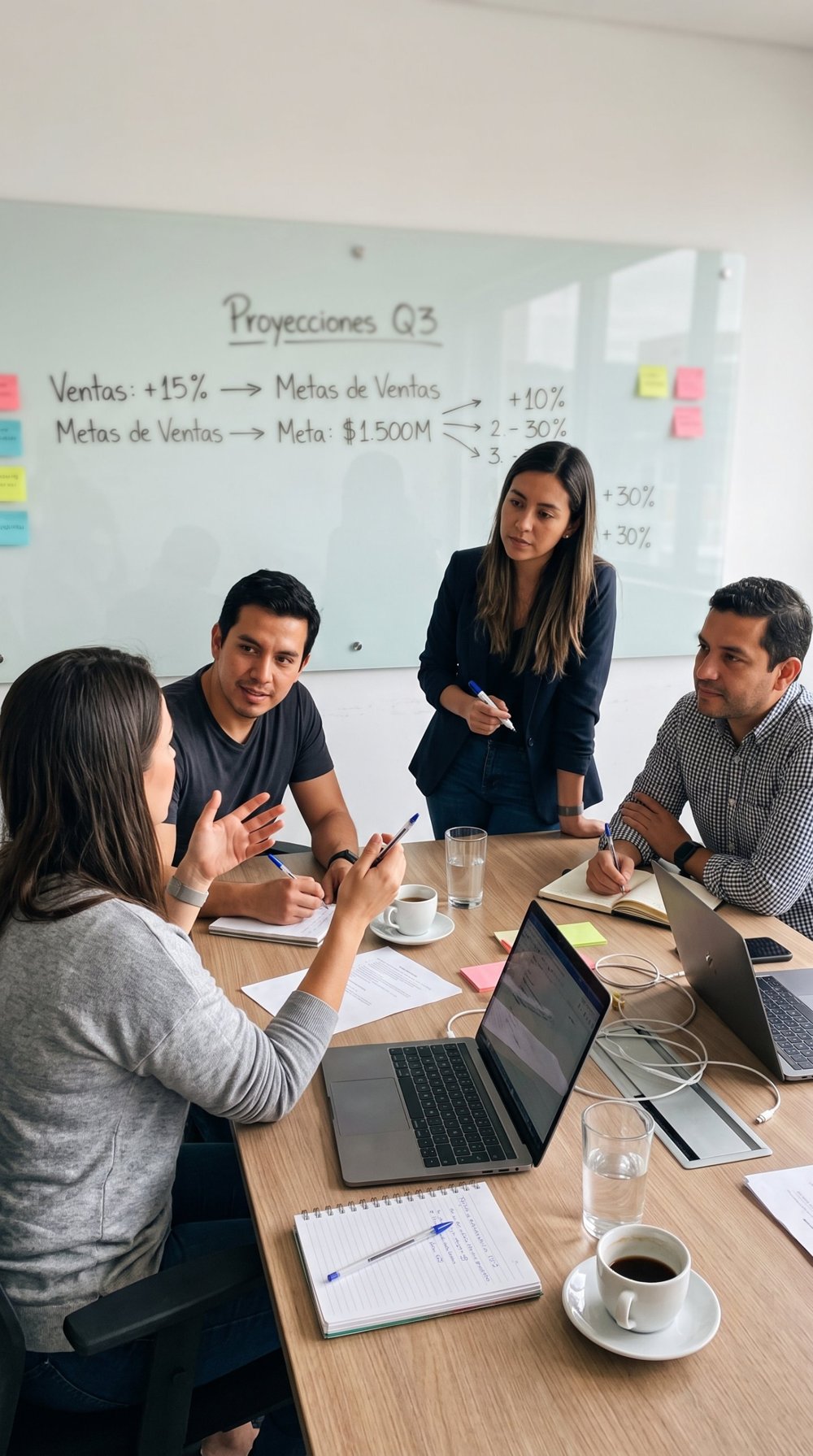 Equipo de trabajo colombiano en una reunión de estrategia revisando proyecciones de ventas en una pizarra