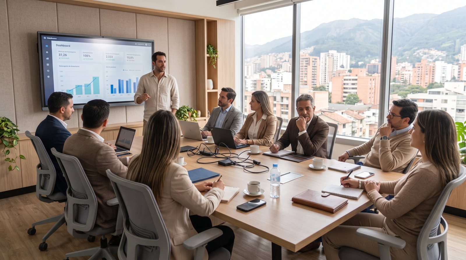 Equipo de operaciones en una reunión revisando indicadores en una pantalla, con vista a Medellín